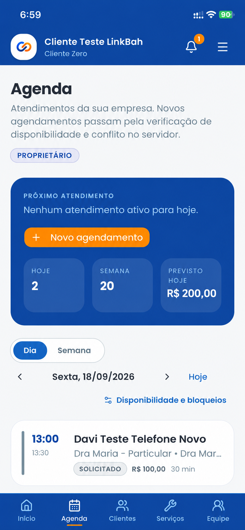 Tela real da Agenda LinkBah no celular, com agenda diária, indicadores e próximo atendimento