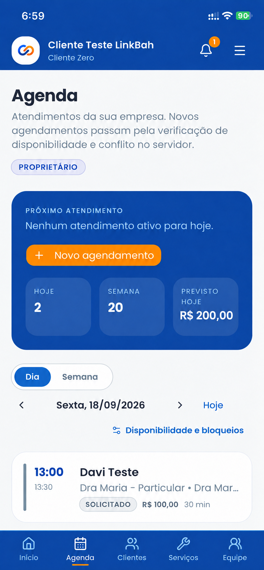 Tela real da Agenda LinkBah no celular, com agenda diária, indicadores e próximo atendimento