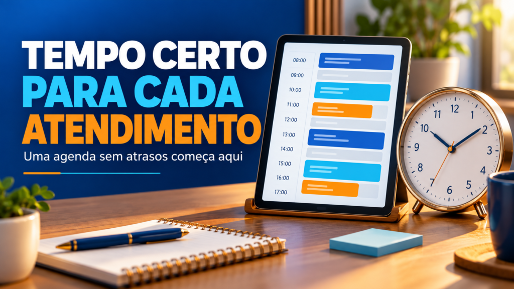 Agenda de atendimentos com horários organizados ao lado de um relógio.