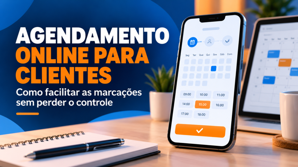 Celular com seleção de data e horário para agendamento online, ao lado de uma agenda digital.